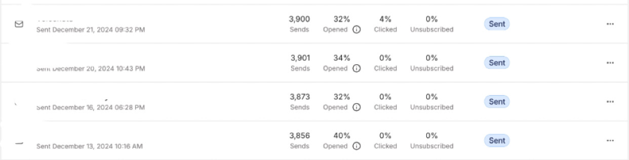 Scaled newsletter: 3,800+ sends per email across December 2024 sequences.