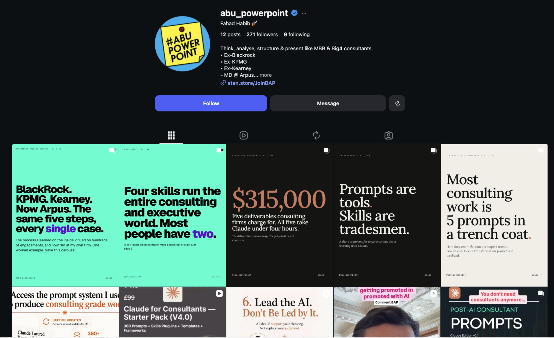 Instagram profile early on: 271 followers, 12 posts.