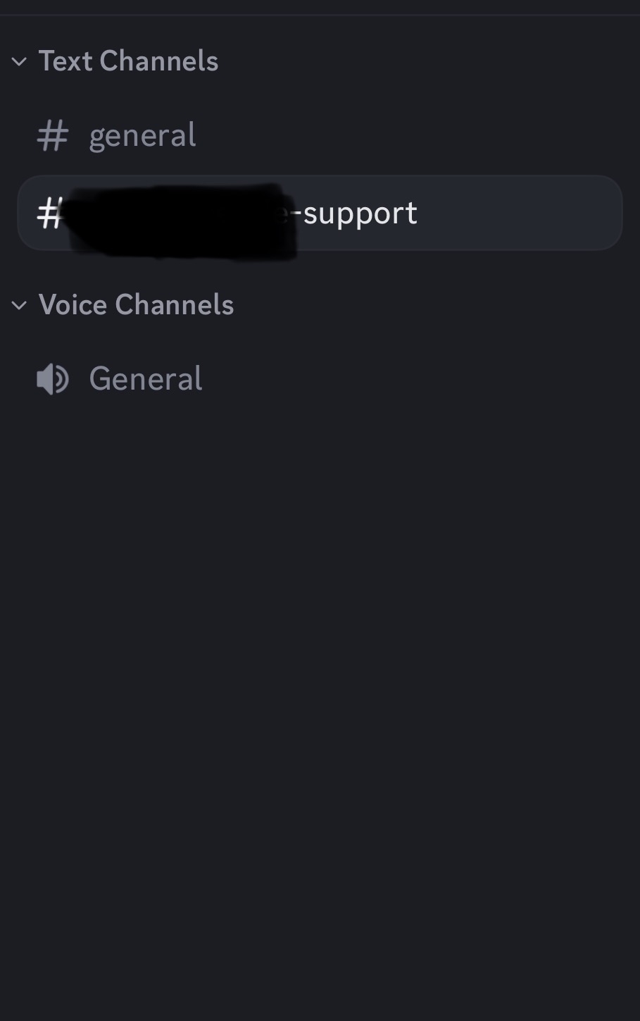 Empty community sidebar: two text channels and one voice channel.
