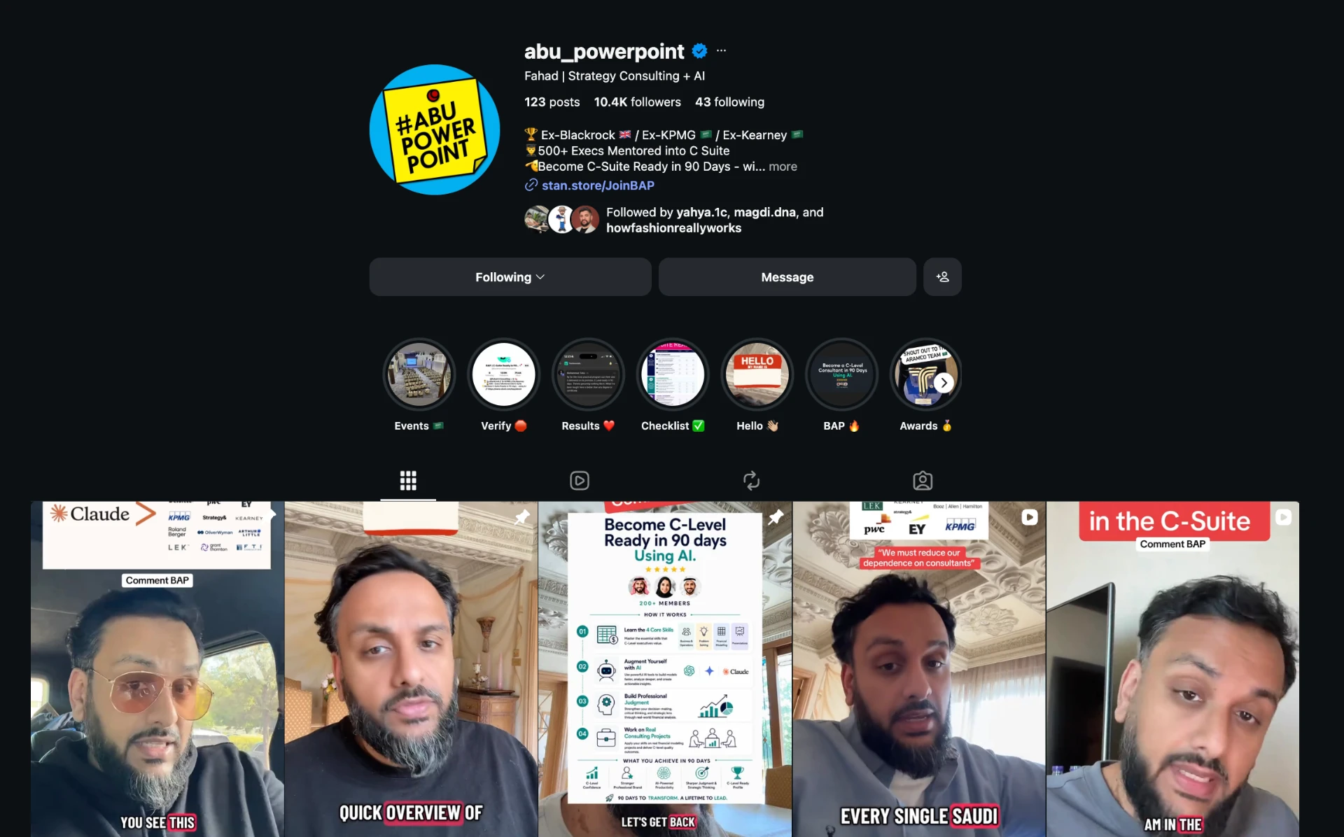 Instagram profile scaled: 10,400 followers, verified.
